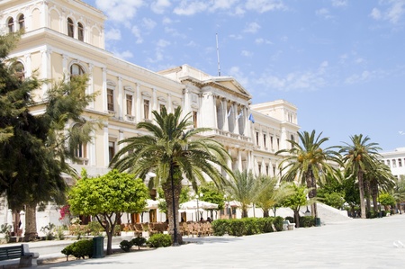 Ermoupolis Town Hall marble streets Syros Island Cyclades Greece with outdoor cafeのeditorial素材