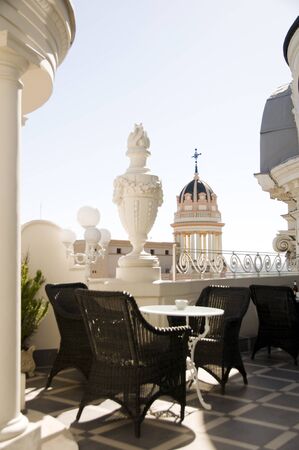 rooftop cafe with architecture view of cathedral on Gran Via Madrid Spainのeditorial素材