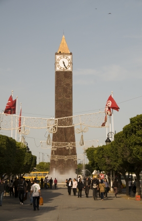 TUNIS-MAY 18: The Clock Tower on avenue Habib Bourguiba is the meeting place for political rallies by  the citizens of Tunisia as seen here in Tunis on May 18, 2012. のeditorial素材