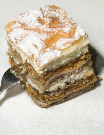 gibanica traditional Slovenian dessert cake with poppy seeds apple  walnuts cottage cheese as...