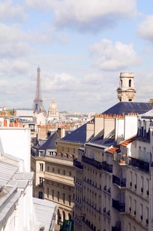 rooftops of Paris France Europe residential neighborhood Latin Quarter with view of Eiffel Tower and Dome of Invalidesの写真素材