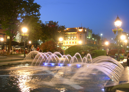 BELGRADE, SERBIA-MAY 13: Public fountain with water dispaly is seen on Knez Mihailova Street pedestrian road with people eating in outdoor cafes in downtown Belgrade, Serbia on May 13, 2015.のeditorial素材