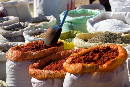 Cooking spices on sale in a city market at Marrakesh, Moroccoの写真素材
