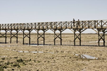 People walking outdoor on the wood bridge over a lakeの写真素材