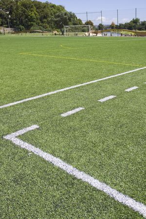Green grass and sport lines painted at an outdoor playing field (artificial covering)