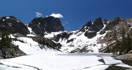 Emerald Lake, Colorado in spring snowの写真素材