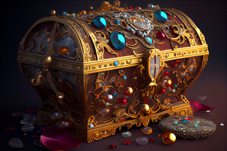Antique treasure chest overflows with gems, ornate with Intricate detailsの写真素材