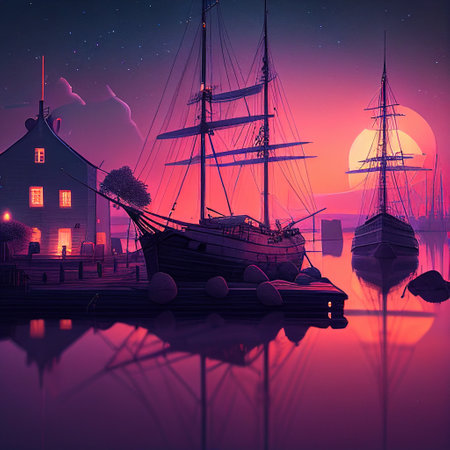 Sailing boats in the harbor at sunset. 3D illustration.の写真素材