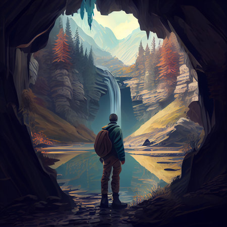 Traveler in the cave. A man with a backpack stands in the middle of a mountain river.の写真素材