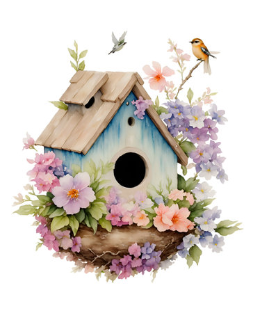 Watercolor birdhouse with flowers and birds isolated on white background.の写真素材