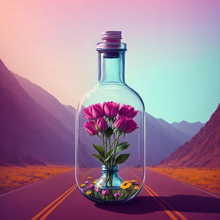 Flowers in a bottle on the road. 3D illustration.の写真素材