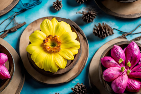 Easter cake with flowers on blue background. Selective focus.の写真素材