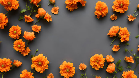 Flowers composition. Frame made of orange zinnia flowers on grey background. Flat lay, top view, copy spaceの写真素材
