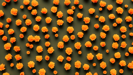 Marigold flowers pattern on green background. Top view. Flat lay.