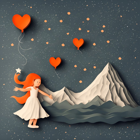 Valentine's day background with little girl and hearts. Paper cut style. Vector illustration.の写真素材