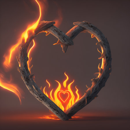 Burning heart on a dark background. 3d illustration. Valentine's Day.の写真素材