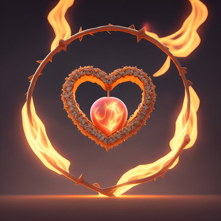 Burning heart with crown of thorns on dark background. Vector illustration.の写真素材