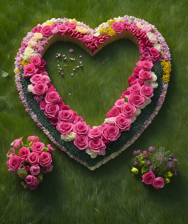 Heart of flowers on green grass. Valentine's day background. Top view.の写真素材