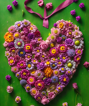 Heart made of colorful flowers on green background, valentines day concept