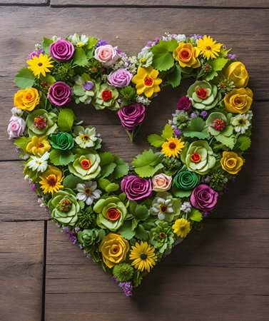 Heart of flowers on wooden background, valentine's day conceptの写真素材