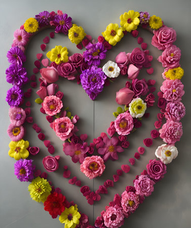 Heart made of flowers on grey background, top view. Valentine's day conceptの写真素材