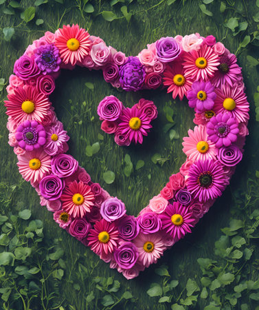 Heart made of pink and purple flowers on a green background, top viewの写真素材