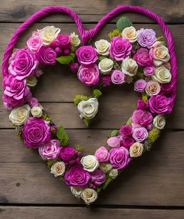 Heart shaped bouquet of pink and white roses on a wooden backgroundの写真素材