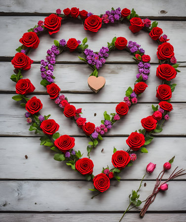 Heart made of red roses and lilac flowers on white wooden backgroundの写真素材