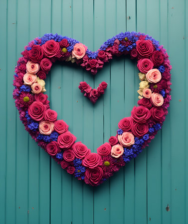 Heart shape made of roses and hyacinths on a green wooden backgroundの写真素材