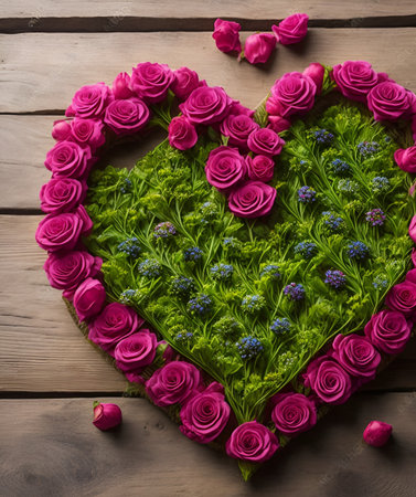 Heart shape made of pink roses and blue flowers on a wooden backgroundの写真素材