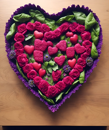 Heart made of red roses and green leaves on a wooden background.