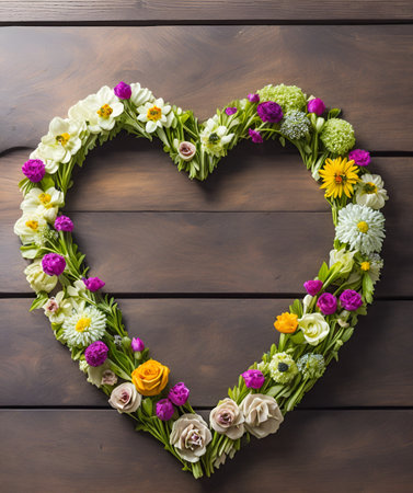 Heart shaped frame made of colorful flowers on wooden background. Top viewの写真素材