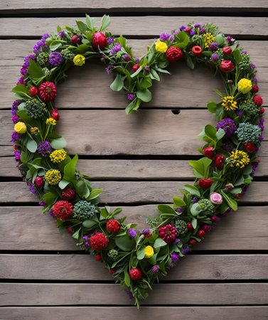 Heart made of flowers on a wooden background. Valentine's Day.の写真素材