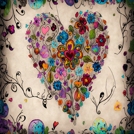 Colorful floral heart on old paper background. Hand drawn vector illustration.の写真素材