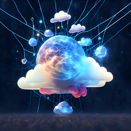 3D illustration of an abstract background with a planet in the cloudsの写真素材