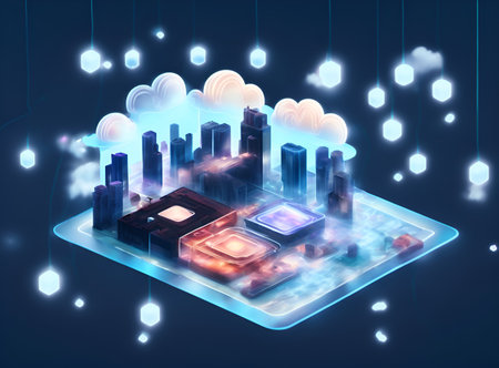 3d isometric concept of cloud computing, microchip, microprocessor, microcircuit, microprocessor, circuit board, cloud computing. Vector illustrationの写真素材
