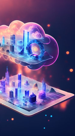 Cloud computing technology concept. 3d illustration in neon light style.の写真素材
