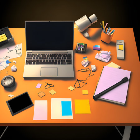 Laptop on a table with office supplies (3d render)の写真素材