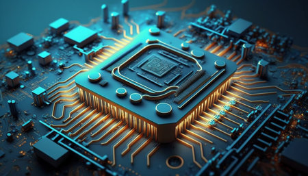 Close-up view of a modern GPU card circuit. 3D renderingの素材