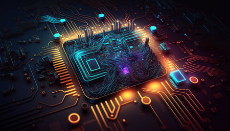 Circuit board close-up. Technology background. 3d renderingの素材