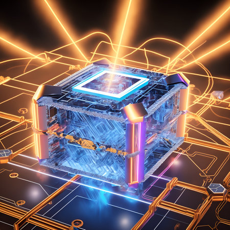 3d rendering of microcircuit with glowing lights on black backgroundの素材