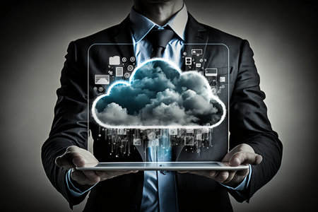 Close up of businessman holding tablet pc with cloud computing concept on screenの素材