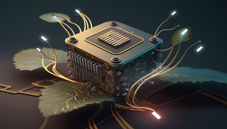 3d rendering of a microchip with circuit and leafs in the backgroundの素材