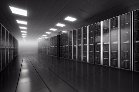 Server room data center. Backup, mining, hosting, mainframe, farm and computer rack with storage information. 3d renderの素材