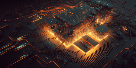 Circuit board close-up. Technology background. 3d renderingの素材