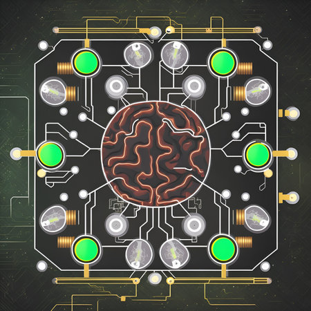 Circuit board with brain on blackboard background. Vector illustration.の素材