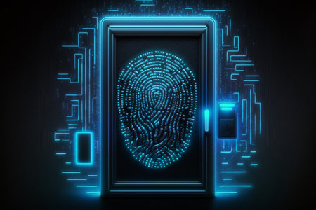 Biometrics identification and cyber security concept. Glowing neon fingerprint on dark background.の素材