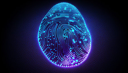 Biometrics identification and cyber security concept. Glowing neon fingerprint on dark background.の素材