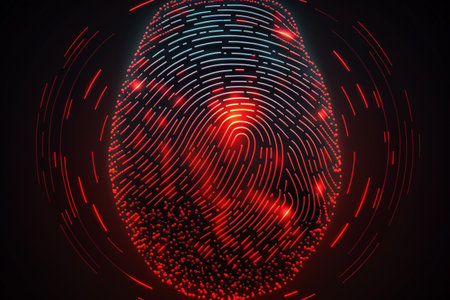 Biometrics identification and cyber security concept. Glowing neon fingerprint on dark background.の素材