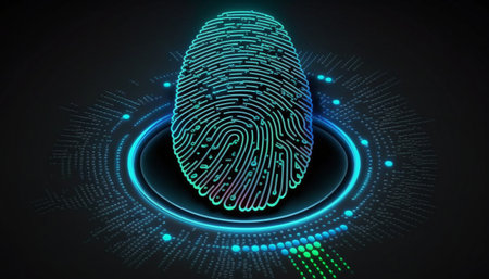 Biometrics identification and cyber security concept. Glowing neon fingerprint on dark background.の素材